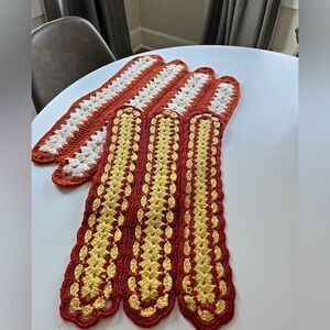 Vintage Handmade Crochet Set of 2 Red Gold Orange Cream Scallop Panels Decor